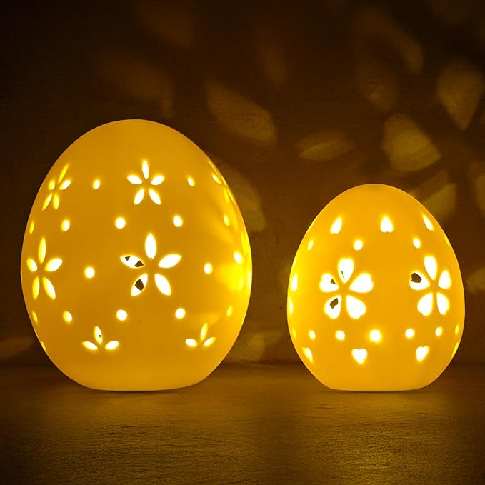 Easter Decorations: White Ceramic Lighted Easter Egg Set of 2, Farmhouse Rustic Hollow Easter Eggs Light Up Tabletop Statue, Easter Home Table Decor, Hunting Party Supplies Gifts for Kids