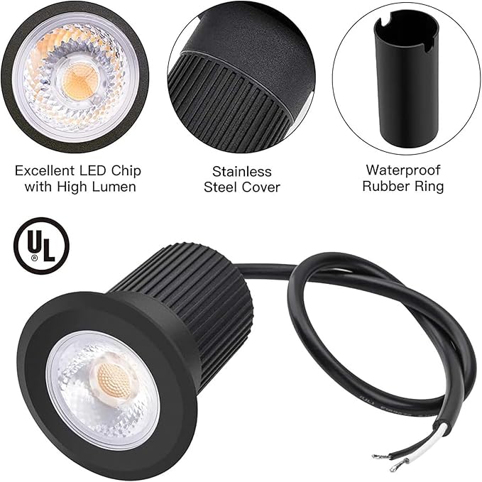 RNEHON 5W In-Ground Well Light,Low Voltage 12-24V, In-Ground Lighting,IP67 Waterproof, Aluminum, 3000K Outdoor Lighting for Yard,Lawn,Garden,Patio,Black (1 Pack)