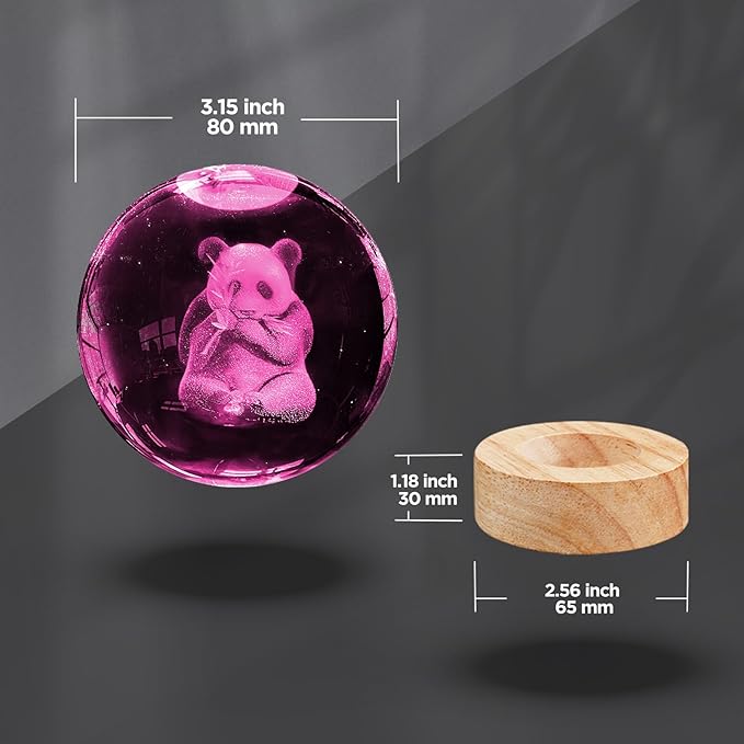 Panda Crystal Ball Night Light - 3.15 in Panda Glass Ball Lamp with 16 Color Changing Wooden Base and Remote Control - Ideal Gift for Kids, Friends & Decor