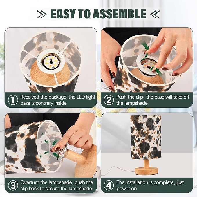 Bedside Table Lamp Cow Tie Dye Print Nightstand Lamp with Wood White Black Brown Animal Skin Desk Lamps for Bedroom Living Room Nursery Office Home Decor