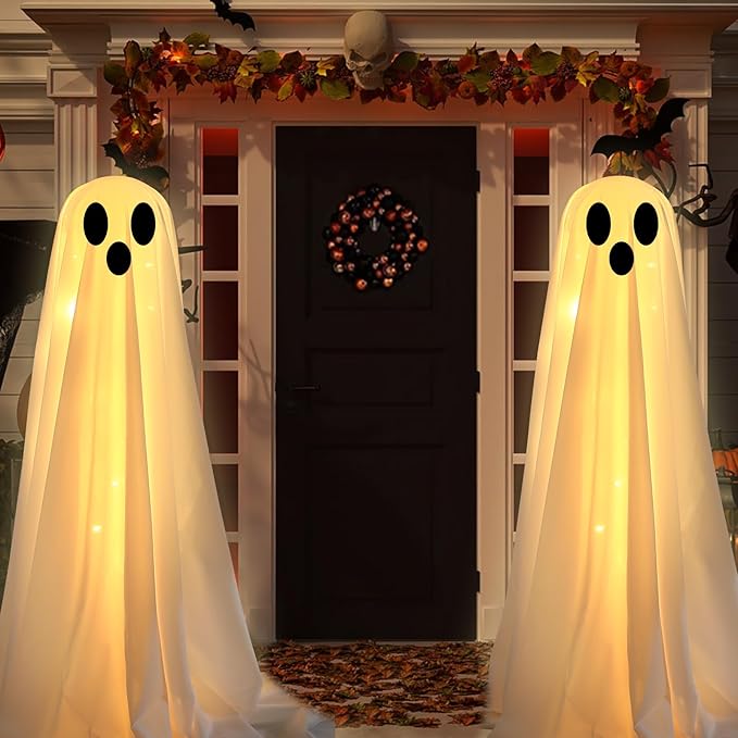 Halloween Decorations Outdoor -DIY 2PCS Large Lighted White Cloth Ghosts-Cute Ghosts with 30 LED String Lights-Light Up Holiday Party Home Porch Yard Decorations