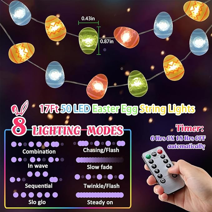 50 LED Easter Egg String Lights- 17FT Easter Fairy Lights with 8 Modes & Timer, Battery Operated Indoor/Outdoor Light for Egg Hunt Party, Spring Home Decor, Tree & Bedroom Decorations