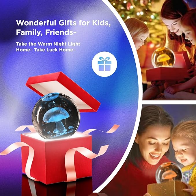 3D Mushroom Crystal Ball Night Light,3.15in k9 Crystal Ball Lamp with 16 Colors Change,Wooden Base and Remote Control Mushroom Decor Gifts for Kids