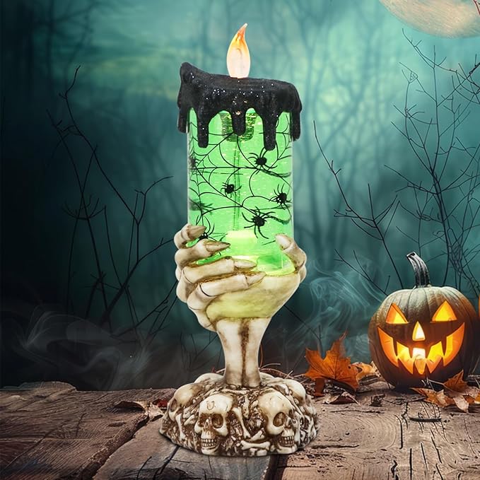 DRomance Halloween Snow Globe Flameless Candle with Timer, Battery Operated Tornado Lamp Skeleton Hand Candle Holder Green Light Glittering Spinning Water Halloween Table Decor(Spider, 4" x 10")