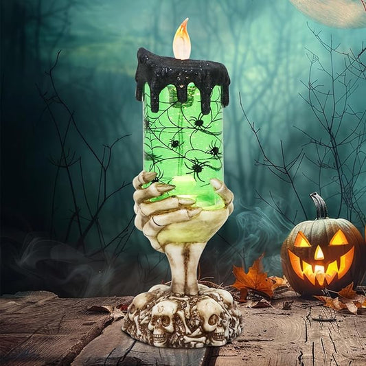 DRomance Halloween Snow Globe Flameless Candle with Timer, Battery Operated Tornado Lamp Skeleton Hand Candle Holder Green Light Glittering Spinning Water Halloween Table Decor(Spider, 4" x 10")