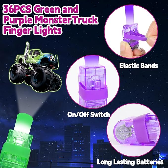 36Pcs Monster Truck LED Finger Lights Truck Toys Party Favors Glow in the Dark Light Up Finger Lights Racing Themed Toys Bulk for Kids Birthday Party Goodie Bag Stuffer Birthday Gifts Classroom Prize