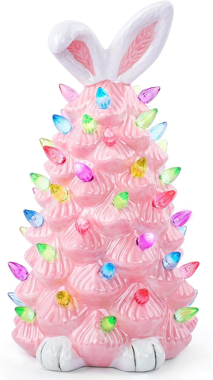 Light up Easter Bunny Decor Glowing Tree, Cute Ceramic Easter Tree Bunny Decorations for The Home Indoor Bedroom Office Decor Tabletop,Night Light for Kids Gifts (Pink)