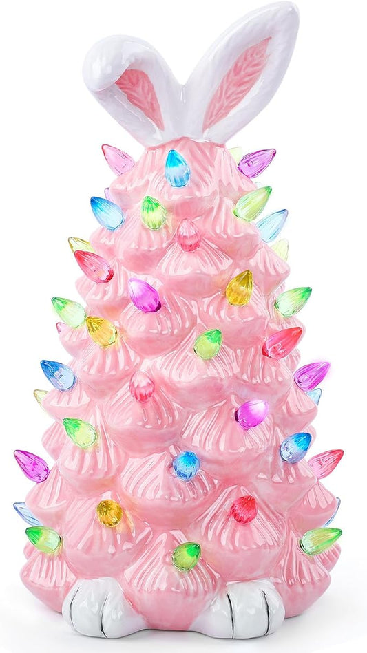 Light up Easter Bunny Decor Glowing Tree, Cute Ceramic Easter Tree Bunny Decorations for The Home Indoor Bedroom Office Decor Tabletop,Night Light for Kids Gifts (Pink)