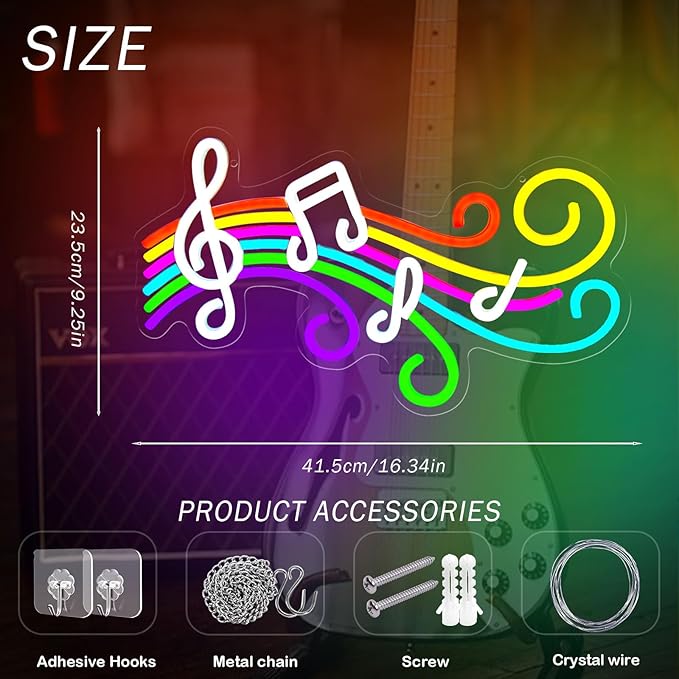 Music Neon Sign for Wall Decor, Dimmable Colorful Musical Note Staff LED Neon Lights for Bedroom, Music Studio, Classroom, Concert, Party, Birthday Gifts for Kids