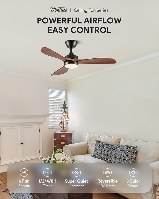 VONLUCE Ceiling Fans with Lights, 42 Inch Ceiling Fan and Remote, 6-Speeds Noiseless Reversible DC Motor, 3CCT, Wood Ceiling Fan for Outdoor Indoor Farmhouse Patios, Black