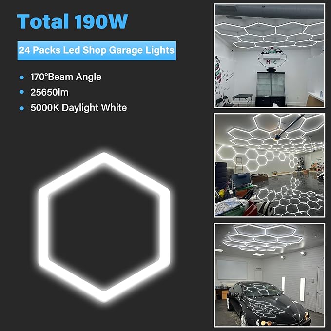 ALLYES LED Hexagon Garage Lights, 24 Packs Dimmable Hex Shop Garage Ceiling Lights, Upgraded Wider Size Light Tubes, 25650LM 6500K 200W Suitable for Workshop Basement Gym Warehouse