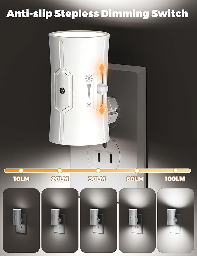 Night Light, LED Night Lights Plug into Wall, [2 Pack] White 0-100LM Adjustable Brightness Light Sensor Plug in Night Light for Hallway, Bathroom,Adult