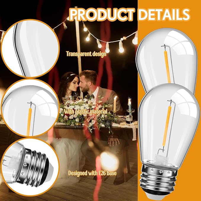 Mudder 60 Pack Halloween LED Light Bulbs 1w Replacement Light Bulbs S14 Shatterproof Waterproof String Lights Indoor Outdoor LED Lights Vintage Patio Bulb, E26 110v Regular Base (Warm White)