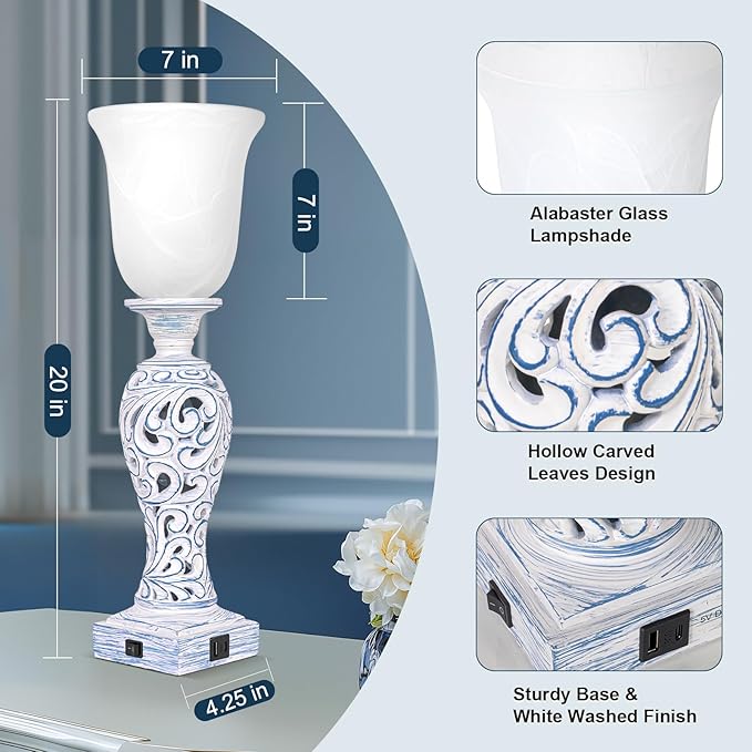 20" Vintage Table Lamp Set of 2 for Living Room, Rustic Farmhouse Bedside Lamps for Bedroom, 3-Way Dimmable Desk Lamps with Nightlight and 2 USB Ports, Traditional Nightstand Lamps with Glass Shade