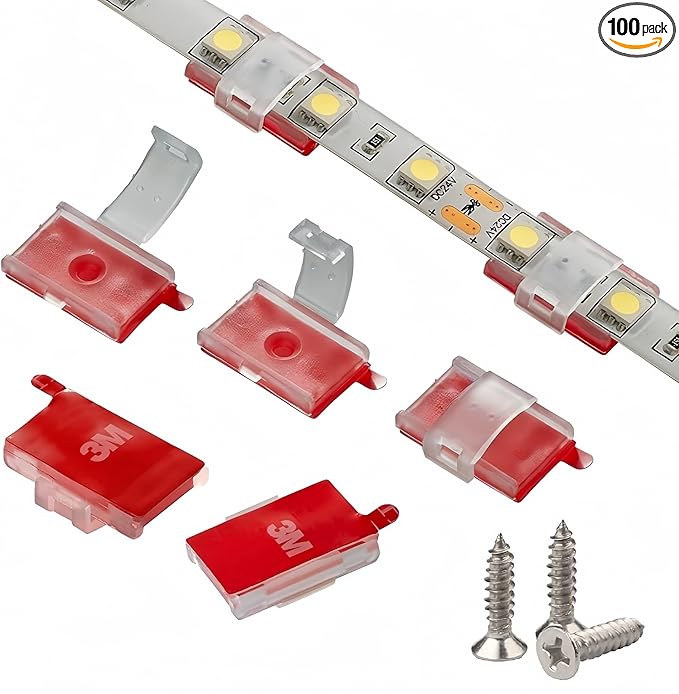 Threetwofour 100 Pack Double Installation LED Strip Light Mounting Bracket Self Adhesive LED Clips Only use for Width 8-10mm/0.31-0.39in Height<2.8mm/0.11in Indoor LED Strip Light with 102PCS Screws