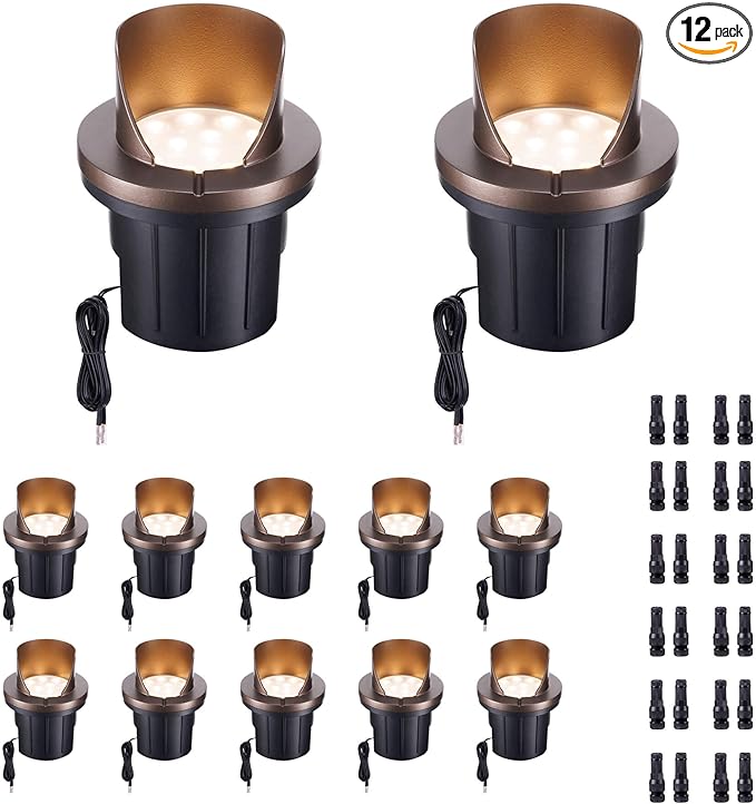 Low Voltage Landscape Well Lights Outdoor, LED In-Ground Lights Warm White 3000K, 12V IP67 Waterproof Hood Top Aluminum ORB Uplighting for Trees, 420LM, 12 Pack