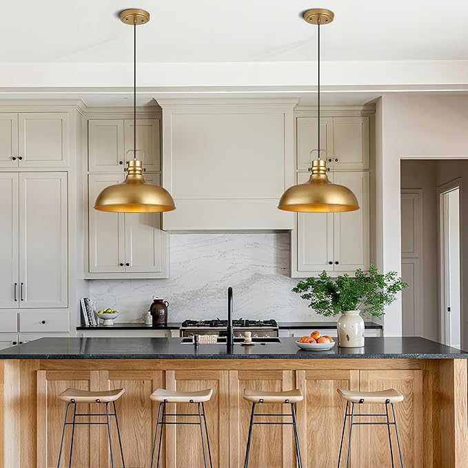 Gold Farmhouse Pendant Lights 16 Inch Matte Pendant Lighting for Kitchen Island Industrial Adjustable Height Vintage Dome Hanging Light Fixtures for Barn, Dining Room 2 Packs