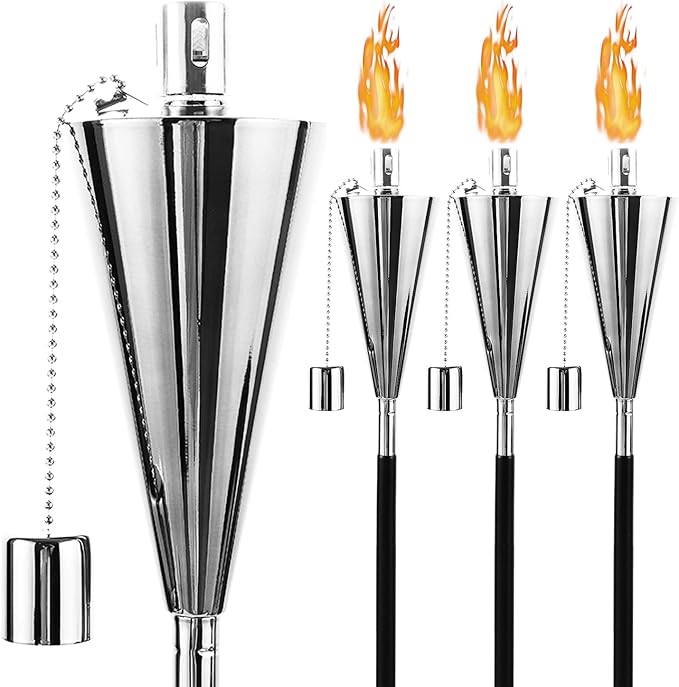 FAB BASED 4Pack Oil Torch Lamp Torch, Citronella Torches Outdoor Mosquito,Backyard Torches for Outside/Patio/Lawn/Garden/Outdoor,Silver