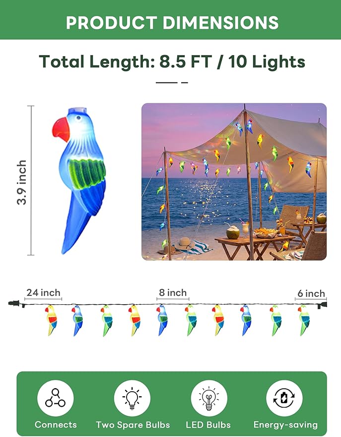 Multicolor Parrot String Lights, 8.5Ft Parrot Camping Outdoor Party Lights with 10 LED Multicolor Parrot Lights, Summer Patio Decorations String Lights for Bedroom Home Decks Party Lighting