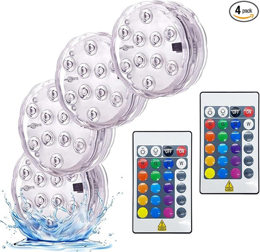 Submersible LED Lights with Remote Control, RGB Color Changing, Waterproof, Battery Operated, Multi-Mode for Pool, Fountain, Vase, Party Decor, 4PCS