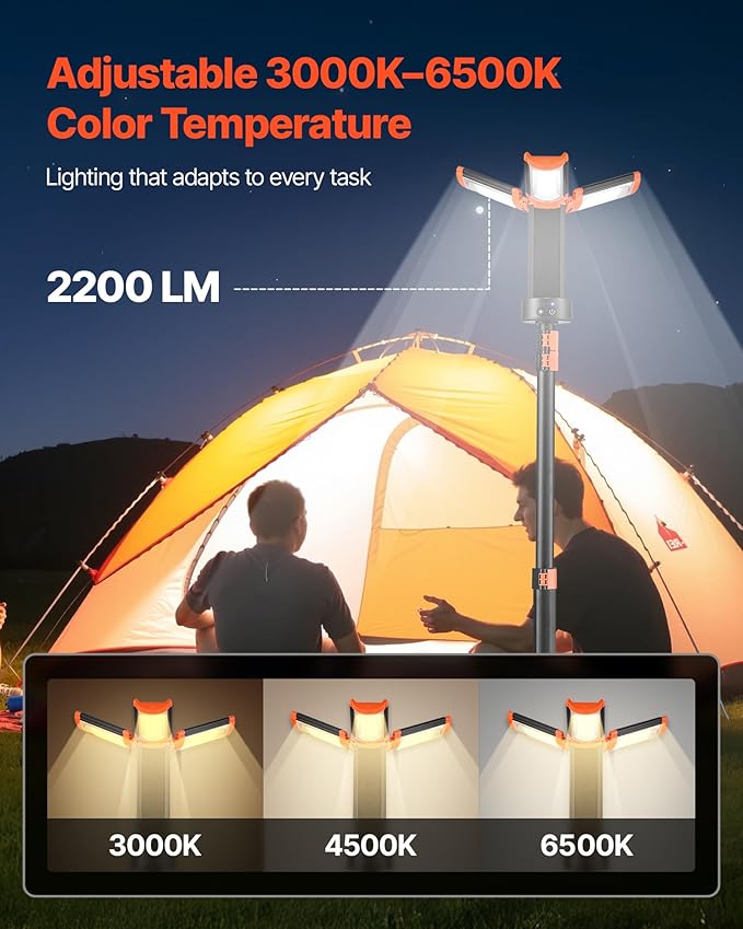 VEVOR LED Work Light with Stand, 10Ah, Rechargeable Cordless Camping Light, with 3 Lamp Heads, Detachable Tripod Stand, 2200 Lumens 3000K-6500K Dimmable, Portable Construction Lighting for Job Site