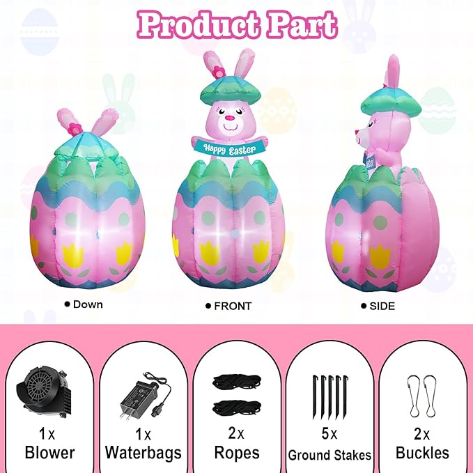 [ Pop Up and Down ] 6FT Tall Easter Inflatables Bunny Popping Out of Egg Outdoor Decoration, Blow Up Bunny Inflatables Built-in 4 LEDs for Easter Outdoor Indoor Yard Garden Lawn Decor