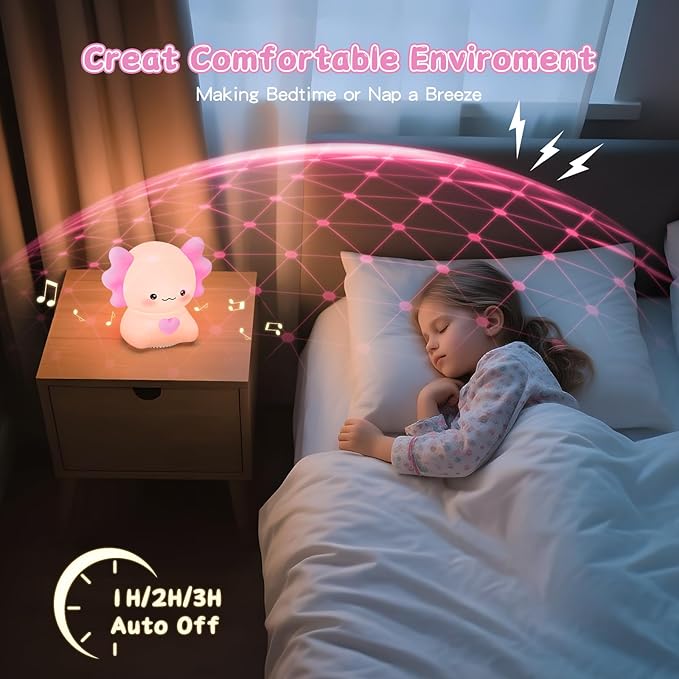 Axolotl Night Light with Sound Machine, Pink Silicone Touch Lamp, Wireless Speaker, Remote Control White Noise for Tinnitus Relief for Ringing Ears, Soft Touch Lamp