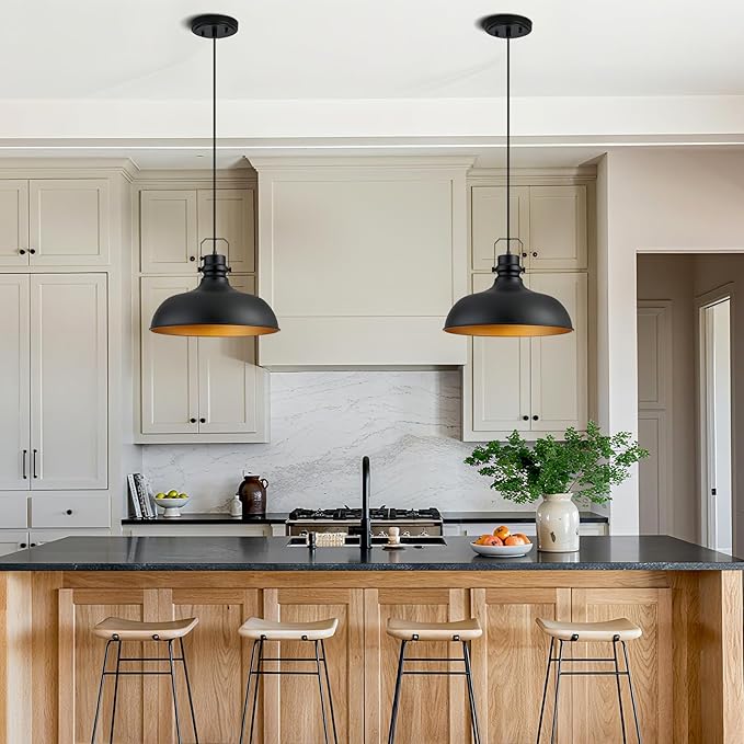 Black Farmhouse Pendant Lights 16 Inch Matte Pendant Lighting for Kitchen Island Industrial Adjustable Height Vintage Dome Hanging Light Fixtures for Barn, Dining Room 2 Packs