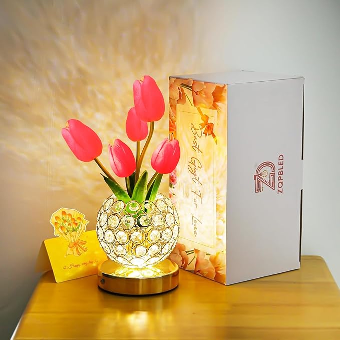 Mothers Day Gifts/Birthday Gifts for Women/Mom Table Lamp, 3 Color Crystal Flower Bedside Lamps Infinitely Dimming with USB Charge Small Night Light,Nightstand Touch Lamp for Bedroom (red-tulip)