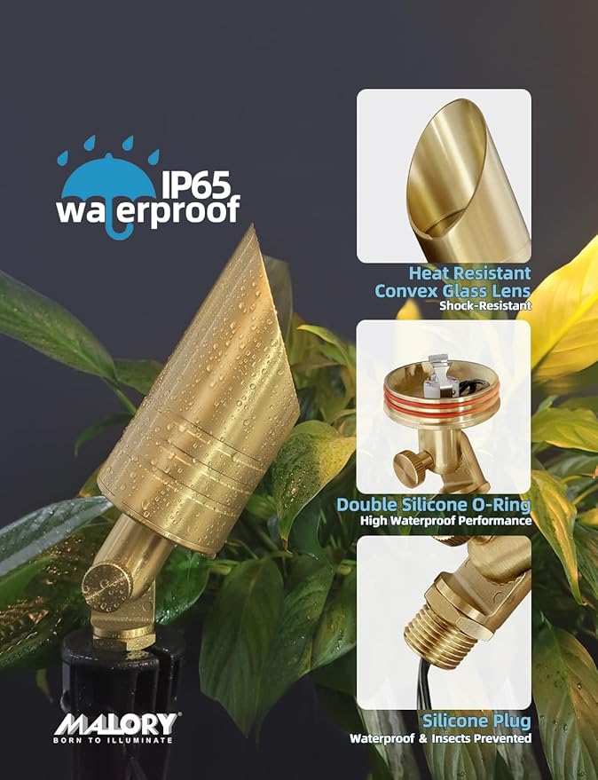 MALORY Brass Landscape Spotlight,12V AC/DC Low Voltage LED Landscape Lighting,Waterproof Spot Up Light for Garden,Patio and Yard (6-Pack with Bulb)