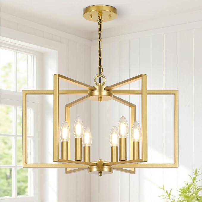 6 Light Gold Chandelier, Dining Room Light Fixture, Modern Farmhouse Industrial Metal Geometric Ceiling Light Rustic Hanging Pendant Lights with E12 base for Kitchen Island Entryway Foyer, Indoor