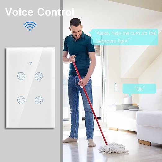 BSEED 4 Gang Smart Switch - Alexa WiFi Light Switch, Touch Control, Timer Function, Compatible with Alexa, Google Assistant, Remote Control