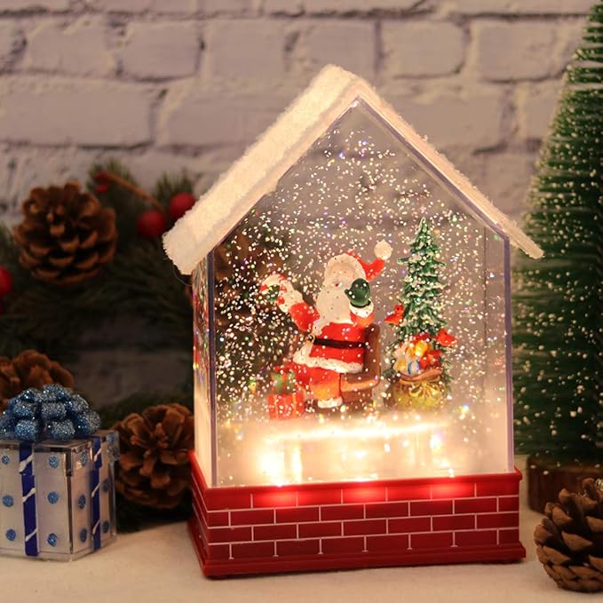 Eldnacele Musical Snow Globe House with Timer, Lighted USB/Battery Operated Swirling Singing Water Glittering Lantern, Christmas Snow Globes House Holiday Festival Decoration- Santa Claus