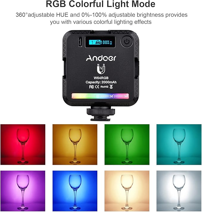 Andor Pocket RGB LED Video Light Kit CRI95 500K-9000K Dimmable 20 Magnetic Backup with Desktop Tripod Flexible Ball Head Phone Holder Computer Clip for Vlog Selfie