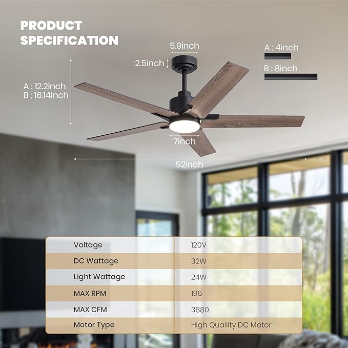 52 Inch Ceiling Fans with Lights and Remote Control for Bedroom, Modern Black Ceiling Fan with Quiet Reversible DC Motor, 3CCT, Dimmable, LED Lighting for Living Room, Patio, Indoor and Outdoor