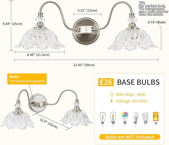 Brushed Nickel Bathroom Vanity Light, 2-Light Vanity Light with Floral Clear Glass Shades, Nickel Wall Mount Lighting for Bathroom, Dressing Table