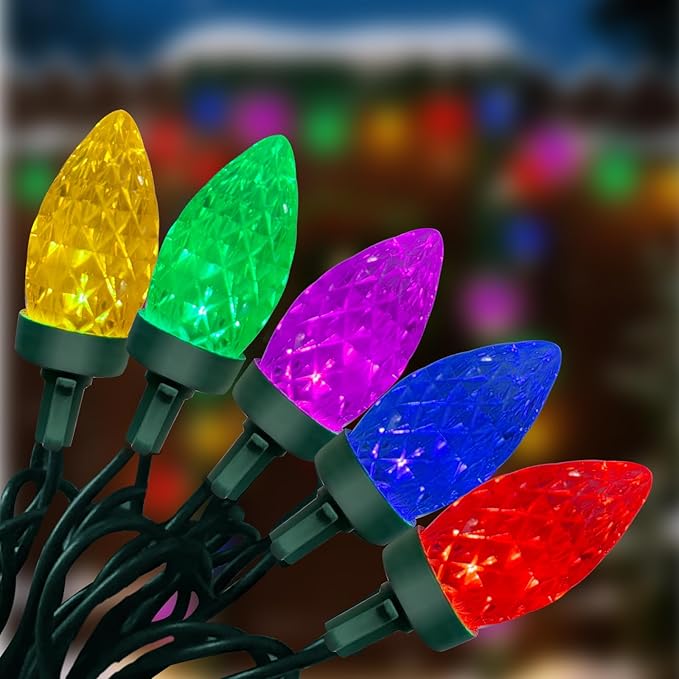 26Ft LED Christmas Lights Outdoor, C7 Vintage Christmas Lights with 52 Multicolor Strawberry Bulbs, Plug in Multicolor Fairy Lights for Indoor Patio Garden Party Wedding Christmas Decorations, Green