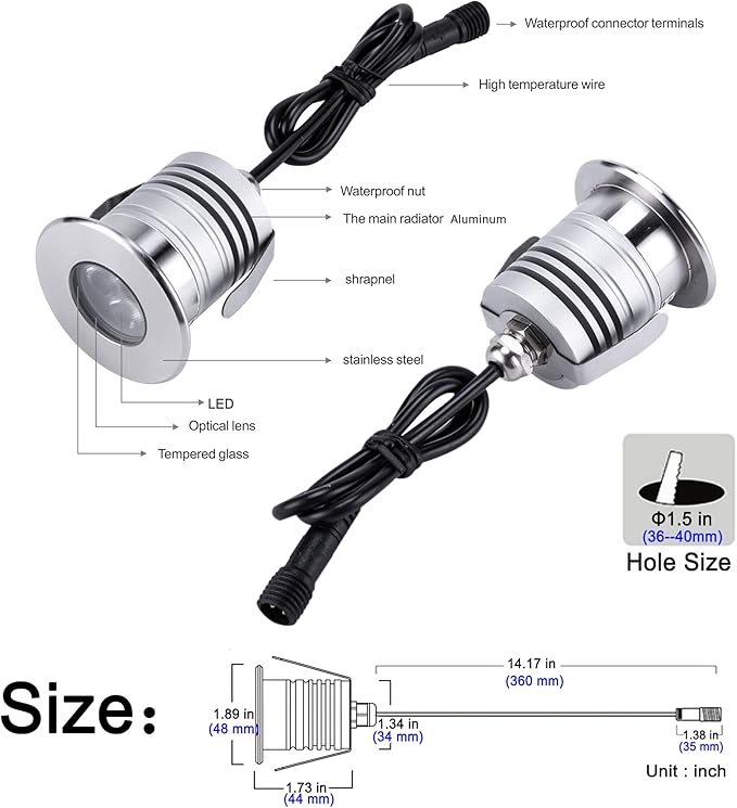 LED Underwater Pool Lights, 3W 12V-24V DC, IP68 Waterproof, Stainless Steel Aluminum, lamp for Inground Swimming Pools Ponds Fountains Steps,Cool White(6000K)