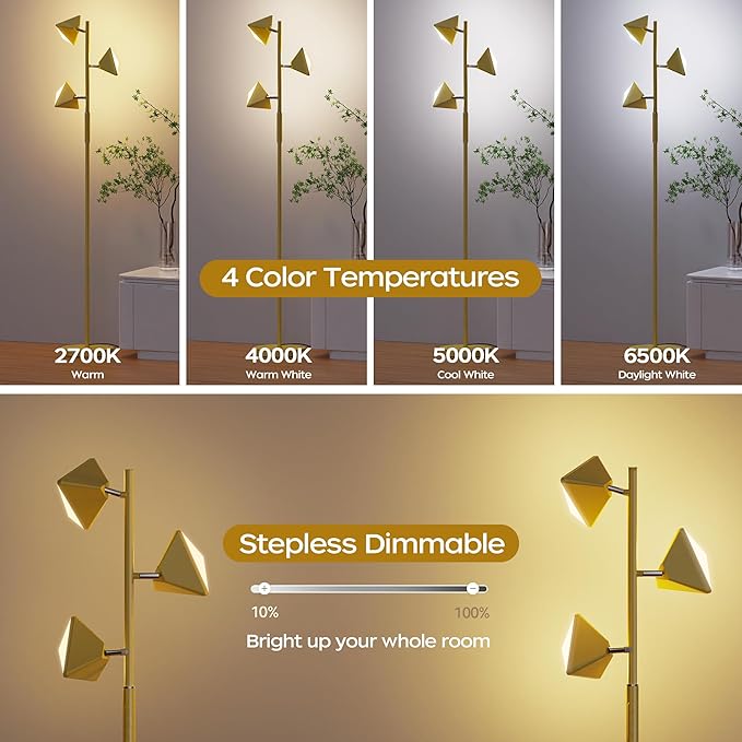 RGBCW Floor Lamp, 36W Color Changing LED Tree Floor Lamp, Stepless Dimmable Tall Standing Lamp with Remote & Touch Control, 2700K-6500K Modern Floor Lamps for Living Room, Bedroom, Gaming Room - Gold