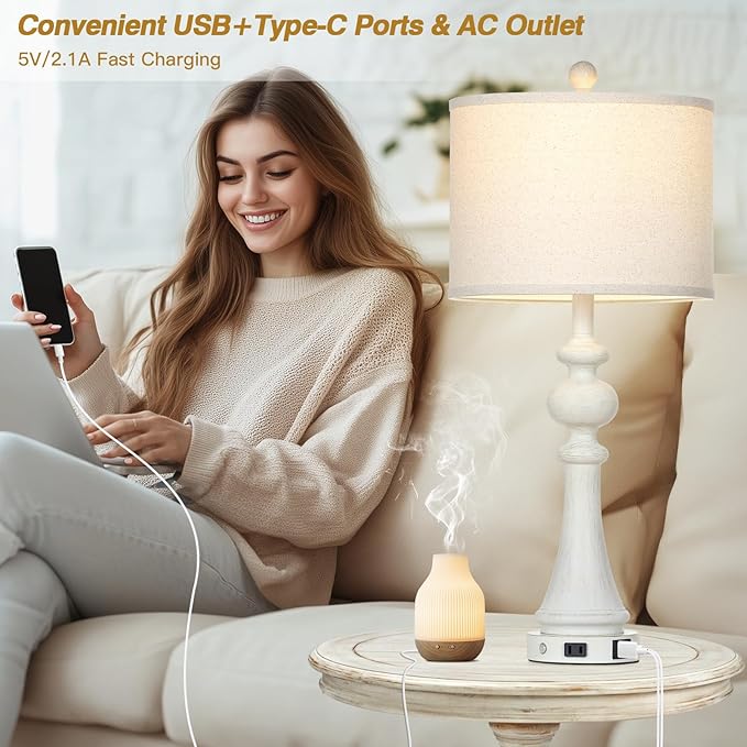 28" Farmhouse Table Lamp with USB A+C Fast Ports & AC Outlets, Vintage Rustic 3-Way Dimmable Touch Control Table Lamp, Rustic Traditional Bedside Nightstand Lamp for Living Room Bedroom White