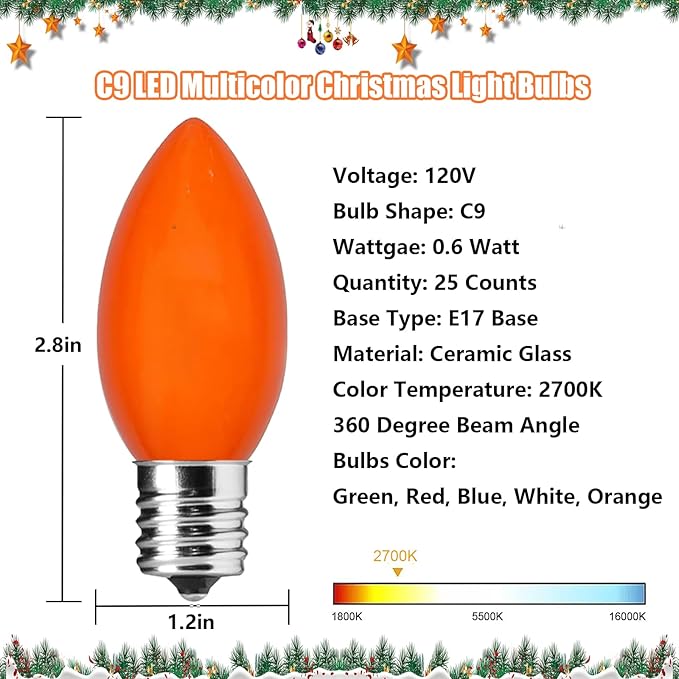 C9 LED Christmas Light Replacement Bulbs, 25 Pack C9 Ceramic Multicolor Glass Light Bulbs, Vintage Christmas Bulbs for Xmas Indoor Outdoor String Lights, E17/C9 Intermediate Base, 0.6 Watt