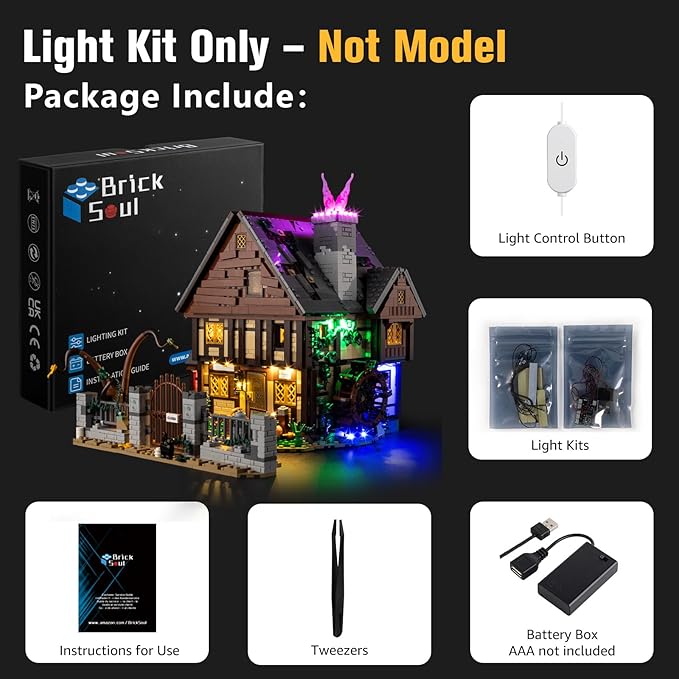 BrickSoul Upgrade Light Kit for Lego 21341 Hocus Pocus: Sanderson Sisters' Cottage Building Set | with ON/Off & Dimmer Switch & Hidden Cable Tech | Easy Install Lighting Set (21341 Set NOT Included)