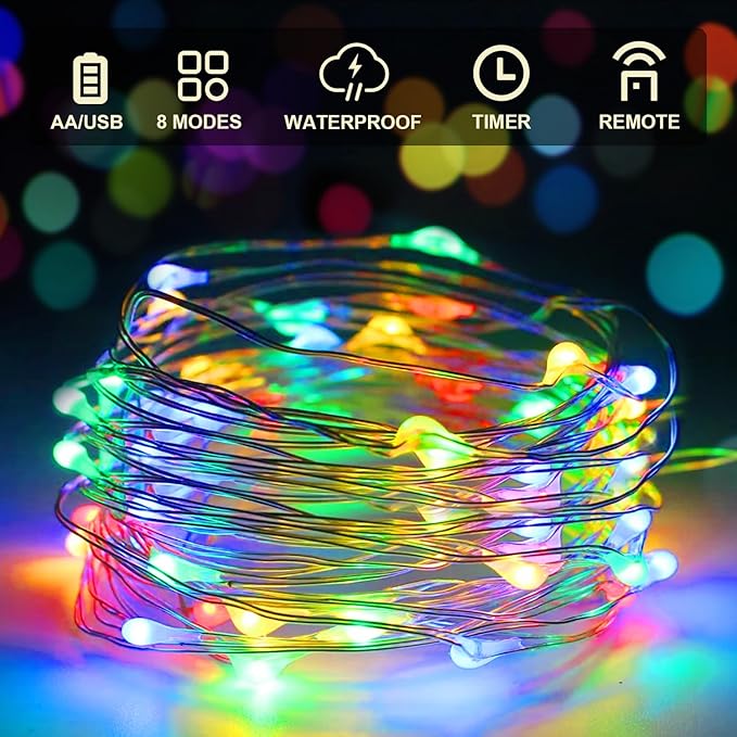 Aogist 50LED Fairy Lights 16ft Dual PowerFlexible Copper Wire Waterproof String Lights for Outdoor Christmas Wedding Bedroom Party Decor (Multicolor, 2 Pack-USB)