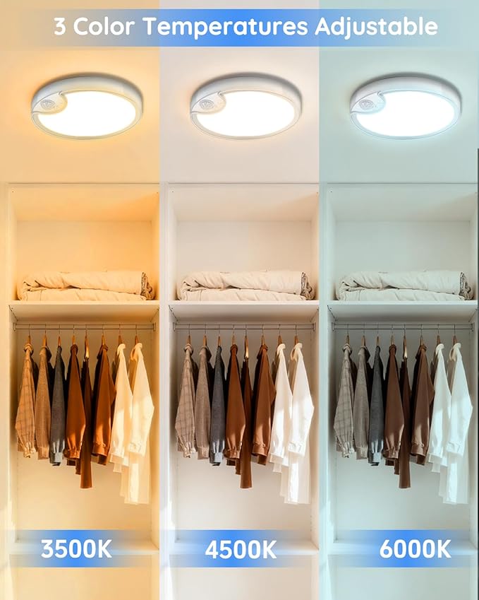 Rechargeable Motion Sensor Closet Light - IP54 Waterproof Shower Light Indoor, Wireless Battery Operated Ceiling Lights, 3CCT Cordless Motion Activated Light for Shower Bathroom Stairs Hallway