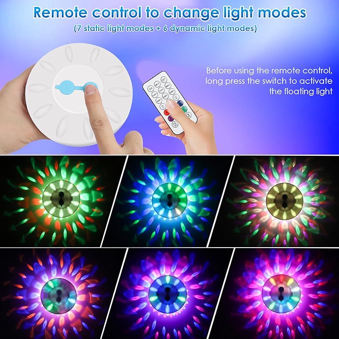 Floating Pool Lights, Pool Light with 6 Dynamic Lighting Effects, IP68 Waterproof Pool Lights That Float, Rechargeable RGB Upper and Lower Color Changing Lights for Hot Tub, Patio 4 Pack