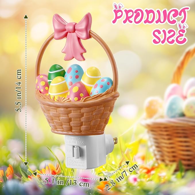 Easter Basket Egg Decorative Nightlight, Easter Cute Resin Plug in Light, 3D Egg Bow Basket Lamp Spring Indoor Bedroom Bathroom Home Decor Lighting Gifts for Kids, Holiday Lamp by C7 LED Bulb