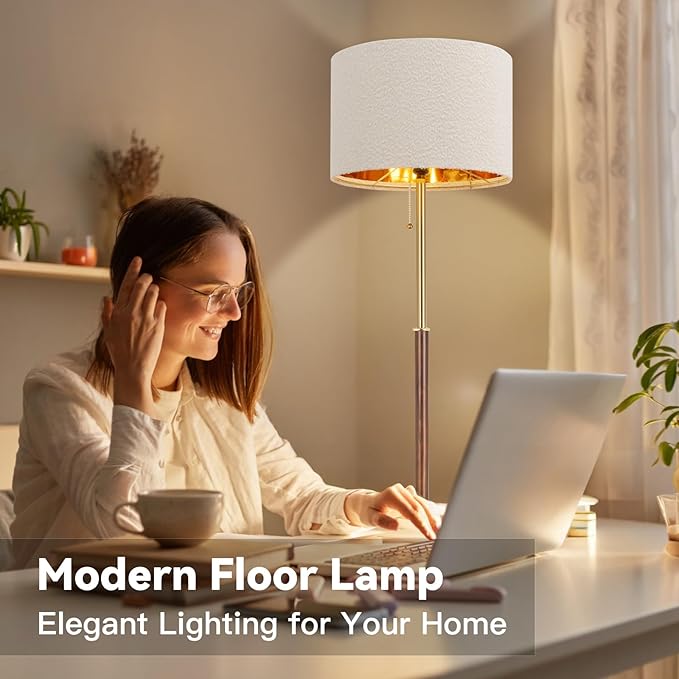 Wood Floor Lamp for Living Room Gold Traditional Farmhouse Floor Lamps Mid-Century Pole Lamp with Linen Lamp Shade, Standing Tall Floor Lamps for Bedrooms and Office (Gold)