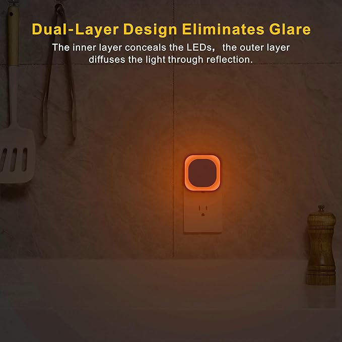 4 Pack Plug in Amber Night Light, Auto Dusk to Dawn, Soft Glow, Dimmable, Diffused Light, LED Lights for Bedroom, Kids, Bathroom, Sleep, Baby Nursery, Toddler, Hallway, Kitchen, Home Decor