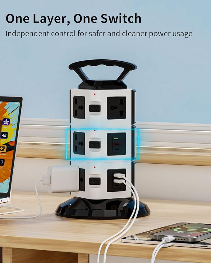 Power Strip Tower with 10 Outlets, 4 USB-A & 2 USB-C Ports, 1875W/15A Heavy Duty Charging Station for Multiple Devices, Plug Tower with 6ft Extension Cord, for Home, Office, Dorm