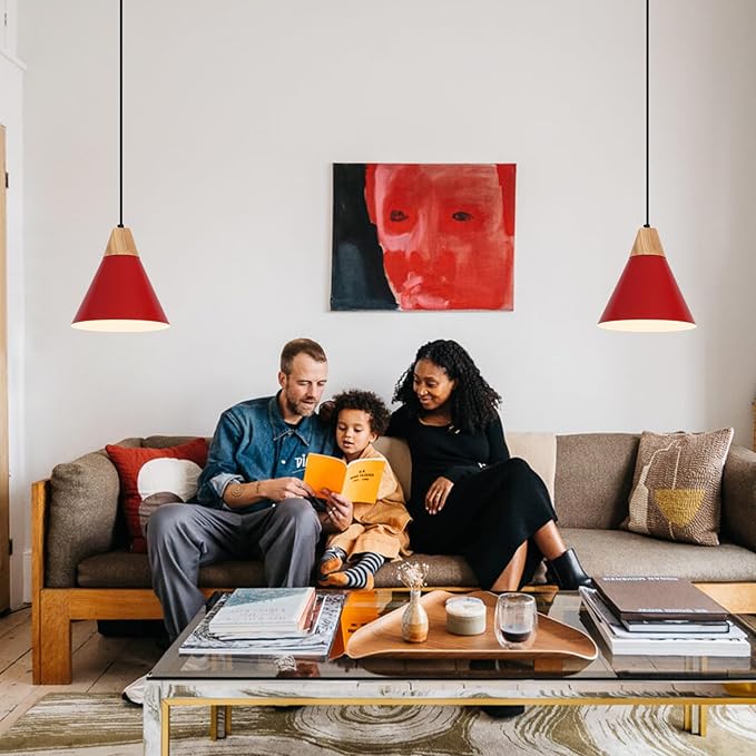 Red Pendant Light, 2 Packs 9.4inch Farmhouse Pendant Light, Kitchen Pendant Lights, Pendant Lights Kitchen Island for Living Room, Bar, Bedroom, Office